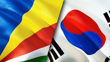 Seyşeller ve Güney Kore bayrakları. 3 boyutlu dalgalanan bayrak tasarımı. Seyşeller Güney Kore bayrağı, resim, duvar kağıdı. Seyşeller, Güney Kore imajına karşı, 3D görüntüleme. Seyşeller Güney Kore ilişkileri