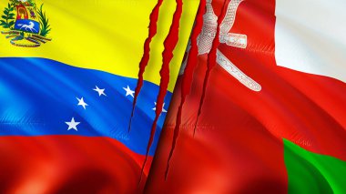 Venezuela ve Umman yara izi olan bayraklar. Dalgalanan bayrak, 3 boyutlu görüntüleme. Venezuela ve Umman çatışma konsepti. Venezuela Umman ilişkileri kavramı. Venezuela ve Umman bayrağı krizi, savaş, saldırı konsepti