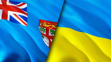 Fiji ve Ukrayna bayrakları. 3 boyutlu dalgalanan bayrak tasarımı. Fiji Ukrayna bayrağı, resim, duvar kağıdı. Fiji, Ukrayna 'ya karşı, görüntü 3 boyutlu. Fiji Ukrayna ilişkileri ittifak ve ticaret, seyahat, turizm konsepti