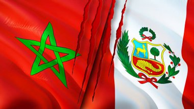Yara izi olan Fas ve Peru bayrakları. Dalgalanan bayrak, 3 boyutlu görüntüleme. Fas ve Peru çatışma konsepti. Fas Peru ilişkileri kavramı. Fas ve Peru bayrağı krizi, savaş, saldırı konsepti