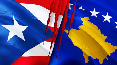 Porto Riko ve Kosova bayrakları yara izi kavramına sahip. Dalgalanan bayrak, 3 boyutlu görüntüleme. Porto Riko ve Kosova ihtilaf kavramı. Porto Riko Kosova ilişkileri kavramı. Porto Riko bayrağı ve Kosova krizi, savaş