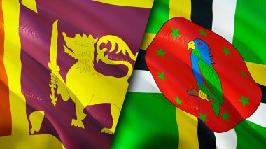 Sri Lanka ve Dominica bayrakları. 3 boyutlu dalgalanan bayrak tasarımı. Sri Lanka Dominica bayrağı, resim, duvar kağıdı. Sri Lanka, Dominica 'ya karşı 3 boyutlu görüntü. Sri Lanka Dominica ilişkileri