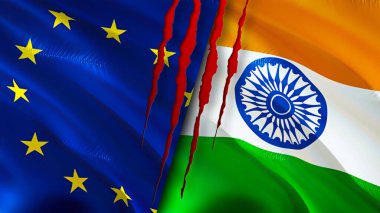 Yara izi olan Avrupa Birliği ve Hindistan bayrakları. Dalgalanan bayrak, 3 boyutlu görüntüleme. Avrupa Birliği ve Hindistan çatışma konsepti. Avrupa Birliği Hindistan ilişkileri kavramı. Avrupa Birliği ve İndi bayrağı