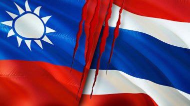 Yara izi olan Tayvan ve Tayland bayrakları. Dalgalanan bayrak, 3 boyutlu görüntüleme. Tayvan ve Tayland çatışma konsepti. Tayvan Tayland ilişkileri kavramı. Tayvan bayrağı ve Tayland krizi, savaş, saldırı konsepti