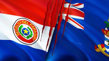 Paraguay ve Cayman Adaları yara izi olan bayraklar. Dalgalanan bayrak, 3 boyutlu görüntüleme. Paraguay ve Cayman Adaları çatışma konsepti. Paraguay Cayman Adaları ilişkileri kavramı. Paraguay ve Cayma bayrağı