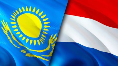 Kazakistan ve Hollanda bayrakları. 3 boyutlu dalgalanan bayrak tasarımı. Kazakistan Hollanda bayrağı, resim, duvar kağıdı. Kazakistan Hollanda 'ya karşı, görüntü 3 boyutlu. Kazakistan Hollanda ilişkileri bir ittifak