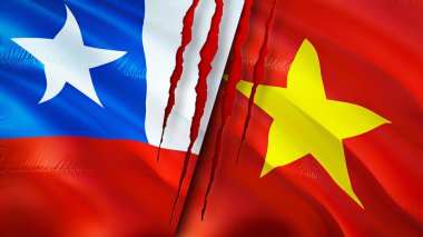 Yara izi olan Şili ve Vietnam bayrakları. Dalgalanan bayrak, 3 boyutlu görüntüleme. Şili ve Vietnam çatışması konsepti. Şili Vietnam ilişkileri kavramı. Şili ve Vietnam bayrağı krizi, savaş, saldırı konsepti