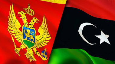 Karadağ ve Libya bayrakları. 3 boyutlu dalgalanan bayrak tasarımı. Karadağ Libya bayrağı, resim, duvar kağıdı. Karadağ Libya 'ya karşı imaj, 3D görüntüleme. Karadağ Libya ilişkileri ittifak ve Ticaret, seyahat, turnuva