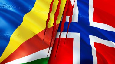 Yara izi olan Seyşeller ve Norveç bayrakları. Dalgalanan bayrak, 3 boyutlu görüntüleme. Seyşeller ve Norveç çatışma konsepti. Seyşeller Norveç ilişkileri kavramı. Seyşeller bayrağı ve Norveç krizi, savaş, attac
