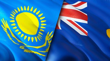 Kazakistan ve Aziz Helena bayrakları. 3 boyutlu dalgalanan bayrak tasarımı. Kazakistan Saint Helena bayrağı, resim, duvar kağıdı. Kazakistan, Saint Helena imajına karşı, 3 boyutlu canlandırma. Kazakistan Saint Helena ilişkileri ittifak