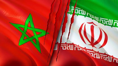 Fas ve İran bayraklarında yara izi var. Dalgalanan bayrak, 3 boyutlu görüntüleme. Fas ve İran çatışma konsepti. Fas İran ilişkileri kavramı. Fas ve İran bayrağı krizi, savaş, saldırı konsepti