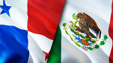 Panama ve Meksika bayrakları. 3 boyutlu dalgalanan bayrak tasarımı. Panama Meksika bayrağı, resim, duvar kağıdı. Panama, Meksika imajına karşı, 3D görüntüleme. Panama Meksika ilişkileri ittifak ve ticaret, seyahat, turizm konsepti
