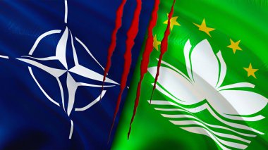 Yara izi olan NATO ve Macau bayrakları. Dalgalanan bayrak, 3 boyutlu görüntüleme. Macau ve NATO çatışma konsepti. NATO Macau ilişkileri kavramı. NATO ve Makao bayrağı krizi, savaş, saldırı konsepti