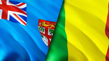 Fiji ve Mali bayrakları. 3 boyutlu dalgalanan bayrak tasarımı. Fiji Mali bayrağı, resim, duvar kağıdı. Fiji, Mali 'ye karşı, görüntü 3 boyutlu. Fiji Mali ilişkileri ittifak ve ticaret, seyahat, turizm konsepti