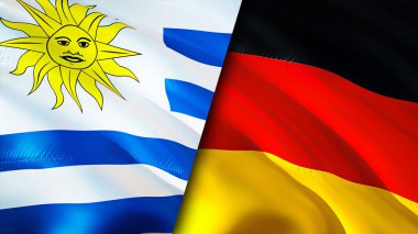 Uruguay ve Almanya bayrakları. 3 boyutlu dalgalanan bayrak tasarımı. Uruguay Almanya bayrağı, resim, duvar kağıdı. Uruguay Almanya 'ya karşı, görüntü 3 boyutlu. Uruguay Almanya ilişkileri ittifak ve ticaret, seyahat, turizm konsepti