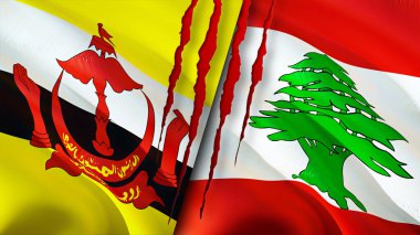 Yara izi olan Brunei ve Lübnan bayrakları. Dalgalanan bayrak, 3 boyutlu görüntüleme. Brunei ve Lübnan çatışma konsepti. Brunei Lübnan ilişkileri kavramı. Brunei ve Lübnan bayrağı kriz, savaş, saldırı konsepti