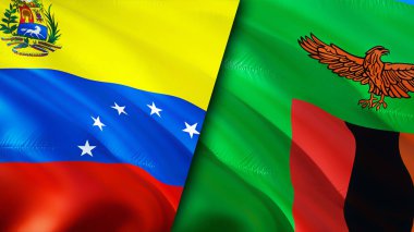 Venezuela ve Zambiya bayrakları. 3 boyutlu dalgalanan bayrak tasarımı. Venezuela Zambiya bayrağı, resim, duvar kağıdı. Venezuela, Zambiya 'ya karşı, görüntü 3 boyutlu. Venezuela Zambiya ilişkileri ittifak ve ticaret, seyahat, turnuva