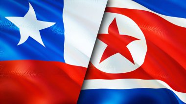 Şili ve Kuzey Kore bayrakları. 3 boyutlu dalgalanan bayrak tasarımı. Şili Kuzey Kore bayrağı, resim, duvar kağıdı. Şili, Kuzey Kore 'ye karşı, görüntü 3 boyutlu. Şili Kuzey Kore ilişkileri ittifak ve ticaret, seyahat, turnuva