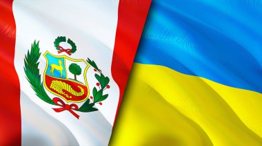 Peru ve Ukrayna bayrakları. 3 boyutlu dalgalanan bayrak tasarımı. Peru Ukrayna bayrağı, resim, duvar kağıdı. Peru, Ukrayna 'ya karşı, görüntü 3 boyutlu. Peru Ukrayna ilişkileri ittifak ve ticaret, seyahat, turizm konsepti
