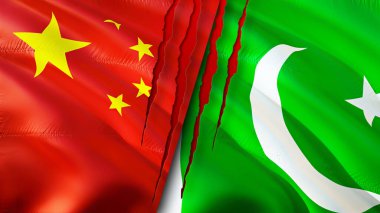 Yara izi olan Çin ve Pakistan bayrakları. Dalgalanan bayrak, 3 boyutlu görüntüleme. Çin ve Pakistan çatışma konsepti. Çin Pakistan ilişkileri kavramı. Çin ve Pakistan krizi bayrağı, savaş, saldırı konsepti