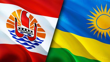 Fransız Polinezyası ve Ruanda bayrakları. 3 boyutlu dalgalanan bayrak tasarımı. Fransız Polinezya Ruanda bayrağı, resim, duvar kağıdı. Fransız Polinezyası, Ruanda 'ya karşı, 3 boyutlu canlandırma. Fransız Polinezya Ruanda ilişkileri ittifak