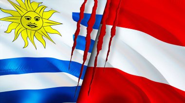 Yara izi olan Uruguay ve Avusturya bayrakları. Dalgalanan bayrak, 3 boyutlu görüntüleme. Uruguay ve Avusturya çatışma konsepti. Uruguay Avusturya ilişkileri kavramı. Uruguay bayrağı ve Avusturya krizi, savaş, saldırı konsepti