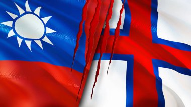Tayvan ve Faroe Adaları yara izi olan bayraklar. Dalgalanan bayrak, 3 boyutlu görüntüleme. Tayvan ve Faroe Adaları çatışma konsepti. Tayvan Faroe Adaları ilişkileri kavramı. Tayvan ve Faroe Adaları bayrağı