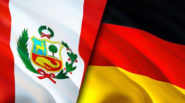 Peru ve Almanya bayrakları. 3 boyutlu dalgalanan bayrak tasarımı. Peru Almanya bayrağı, resim, duvar kağıdı. Peru, Almanya 'ya karşı, görüntü 3D. Peru Almanya ilişkileri ittifak ve ticaret, seyahat, turizm konsepti