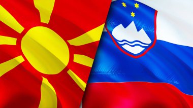 Kuzey Makedonya ve Slovenya bayrakları. 3 boyutlu dalgalanan bayrak tasarımı. Kuzey Makedonya Slovenya bayrağı, resim, duvar kağıdı. Kuzey Makedonya Slovenya 'ya karşı imaj, 3D görüntüleme. Kuzey Makedonya Slovenya ilişkileri