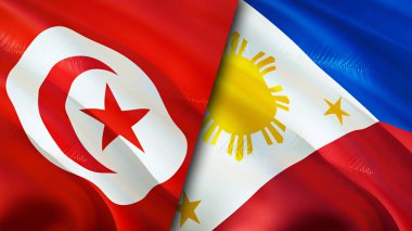 Tunus ve Filipinler bayrakları. 3 boyutlu dalgalanan bayrak tasarımı. Tunus Filipinleri bayrağı, resim, duvar kağıdı. Tunus, Filipinler 'e karşı, görüntü 3 boyutlu. Tunus Filipinler ilişkileri bir ittifak