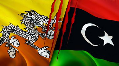 Bhutan ve Libya bayraklarında yara izi var. Dalgalanan bayrak, 3 boyutlu görüntüleme. Butan ve Libya çatışma konsepti. Butan Libya ilişkileri kavramı. Bhutan ve Libya bayrağı kriz, savaş, saldırı konsepti