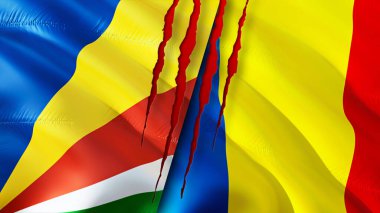 Seyşeller ve Romanya bayraklarında yara izi var. Dalgalanan bayrak, 3 boyutlu görüntüleme. Seyşeller ve Romanya çatışma konsepti. Seyşeller Romanya ilişkileri kavramı. Seyşeller bayrağı ve Romanya krizi, savaş