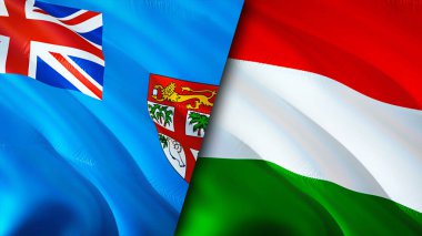 Fiji ve Macaristan bayrakları. 3 boyutlu dalgalanan bayrak tasarımı. Fiji Macaristan bayrağı, resim, duvar kağıdı. Fiji, Macaristan 'a karşı, görüntü 3 boyutlu. Fiji Macaristan ilişkileri ittifak ve ticaret, seyahat, turizm konsepti