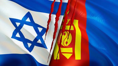 Yara izi olan İsrail ve Moğolistan bayrakları. Dalgalanan bayrak, 3 boyutlu görüntüleme. İsrail ve Moğolistan çatışma konsepti. İsrail Moğolistan ilişkileri kavramı. İsrail bayrağı ve Moğolistan krizi, savaş, saldırı konsepti