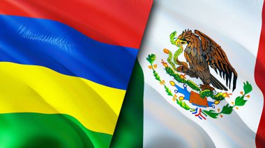 Mauritius ve Meksika bayrakları. 3 boyutlu dalgalanan bayrak tasarımı. Mauritius Meksika bayrağı, resim, duvar kağıdı. Mauritius, Meksika imajına karşı, 3 boyutlu canlandırma. Mauritius Meksika ilişkileri ittifak ve ticaret, seyahat, turnuva