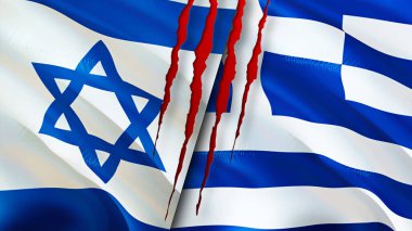 Yara izi olan İsrail ve Yunanistan bayrakları. Dalgalanan bayrak, 3 boyutlu görüntüleme. İsrail ve Yunanistan çatışma konsepti. İsrail-Yunanistan ilişkileri kavramı. İsrail ve Yunanistan bayrağı kriz, savaş, saldırı konsepti