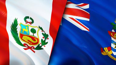 Peru ve Cayman Adaları bayrakları. 3 boyutlu dalgalanan bayrak tasarımı. Peru Cayman Adaları bayrağı, resim, duvar kağıdı. Peru, Cayman Adaları 'na karşı. Görüntü 3 boyutlu. Peru Cayman Adaları İlişkiler Birliği