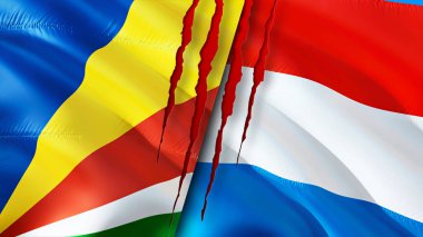 Yara izi olan Seyşeller ve Lüksemburg bayrakları. Dalgalanan bayrak, 3 boyutlu görüntüleme. Seyşeller ve Lüksemburg çatışma konsepti. Seyşeller Lüksemburg ilişkileri kavramı. Seyşeller ve Lüksembour bayrağı