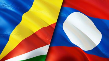 Seyşeller ve Laos bayrakları. 3 boyutlu dalgalanan bayrak tasarımı. Seyşeller Laos bayrağı, resim, duvar kağıdı. Seyşeller Laos 'a karşı, görüntü 3 boyutlu. Seyşeller Laos ilişkileri ittifak ve ticaret, seyahat, turizm konsepti