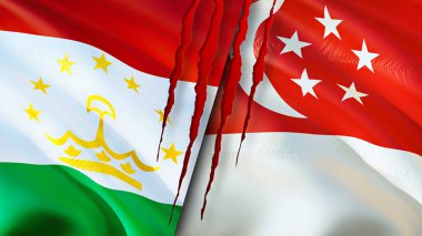 Tacikistan ve Singapur bayraklarında yara izi var. Dalgalanan bayrak, 3 boyutlu görüntüleme. Tacikistan ve Singapur çatışma konsepti. Tacikistan Singapur ilişkileri kavramı. Tacikistan ve Singapur bayrağı