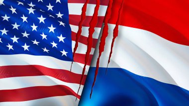 ABD ve Hollanda yara izi kavramına sahip bayraklar. Dalgalanan bayrak, 3 boyutlu görüntüleme. ABD ve Hollanda çatışma konsepti. ABD Hollanda ilişkileri kavramı. ABD ve Hollanda bayrağı kriz, savaş, saldırı konsepti