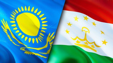 Kazakistan ve Tacikistan bayrakları. 3 boyutlu dalgalanan bayrak tasarımı. Kazakistan Tacikistan bayrağı, resim, duvar kağıdı. Kazakistan, Tacikistan imajına karşı, 3D görüntüleme. Kazakistan Tacikistan ilişkileri bir ittifak