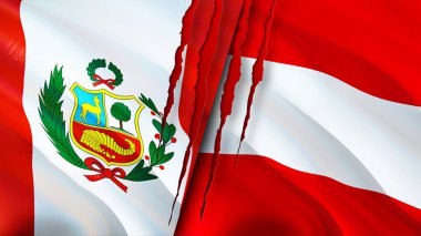 Peru ve Avusturya yara izi kavramına sahip bayraklar. Dalgalanan bayrak, 3 boyutlu görüntüleme. Peru ve Avusturya çatışma konsepti. Peru Avusturya ilişkileri kavramı. Peru ve Avusturya bayrağı krizi, savaş, saldırı konsepti