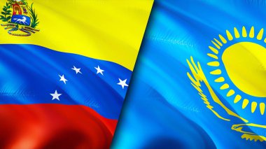 Venezuela ve Kazakistan bayrakları. 3 boyutlu dalgalanan bayrak tasarımı. Venezuela Kazakistan bayrağı, resim, duvar kağıdı. Venezuela, Kazakistan 'a karşı, görüntü 3 boyutlu. Venezuela Kazakistan ittifakı
