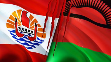 Fransız Polinezyası ve yara izi olan Malavi bayrakları. Dalgalanan bayrak, 3 boyutlu görüntüleme. Fransız Polinezyası ve Malavi çatışma konsepti. Fransız Polinezya Malavi ilişkileri kavramı. Fransız Polinezyası bayrağı