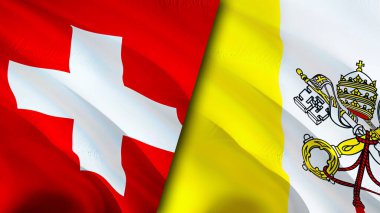 İsviçre ve Vatikan bayrakları. 3 boyutlu dalgalanan bayrak tasarımı. İsviçre Vatikan bayrağı, resim, duvar kağıdı. İsviçre, Vatikan 'a karşı, görüntü 3D. İsviçre Vatikan ilişkileri ittifakı