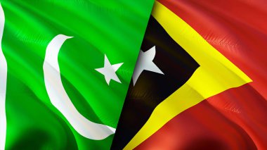 Pakistan ve Doğu Timor bayrakları. 3 boyutlu dalgalanan bayrak tasarımı. Pakistan Doğu Timor bayrağı, resim, duvar kağıdı. Pakistan, Doğu Timor 'a karşı, görüntü 3 boyutlu. Pakistan Doğu Timor ilişkileri bir ittifak