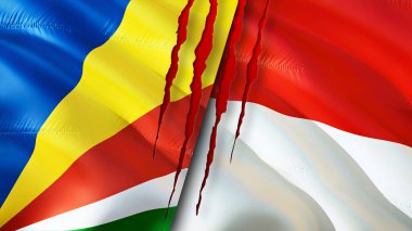 Yara izi olan Seyşeller ve Endonezya bayrakları. Dalgalanan bayrak, 3 boyutlu görüntüleme. Seyşeller ve Endonezya çatışma konsepti. Seyşeller Endonezya ilişkileri kavramı. Seyşeller ve Endonesi bayrağı