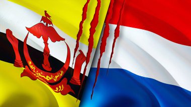 Brunei ve Hollanda yara izi olan bayraklar. Dalgalanan bayrak, 3 boyutlu görüntüleme. Brunei ve Hollanda çatışma konsepti. Brunei Hollanda ilişkileri kavramı. Brunei ve Hollanda bayrağı krizi, savaş