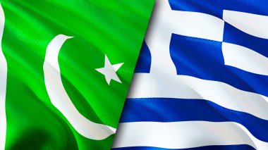 Pakistan ve Yunanistan bayrakları. 3 boyutlu dalgalanan bayrak tasarımı. Pakistan bayrağı, resim, duvar kağıdı. Pakistan Yunanistan 'a karşı, görüntü 3 boyutlu. Pakistan ile ilişkileri ittifak ve ticaret, seyahat ve turizm kavramları